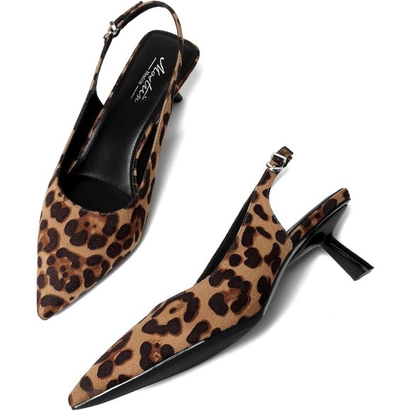 Mostrin Kitten Heels Leopard Faux Leather Low Slingback Heels with Buckle - Picture 8 of 9